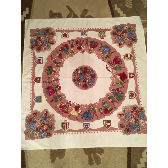 VTG 1950s-60s Tablecloth Floral Family Crests Dancing People ARTEX Table Decor - Picture 2 of 6